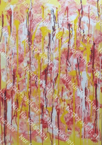 Acrylbild „Bloody Sunday“ von Héctor Schuech: Ausdrucksstarke abstrakte Komposition in Rot, Gelb- und Weißtönen, mit dynamischen Fließ- und Mischtechnik-Elementen, signiert auf Leinwand.