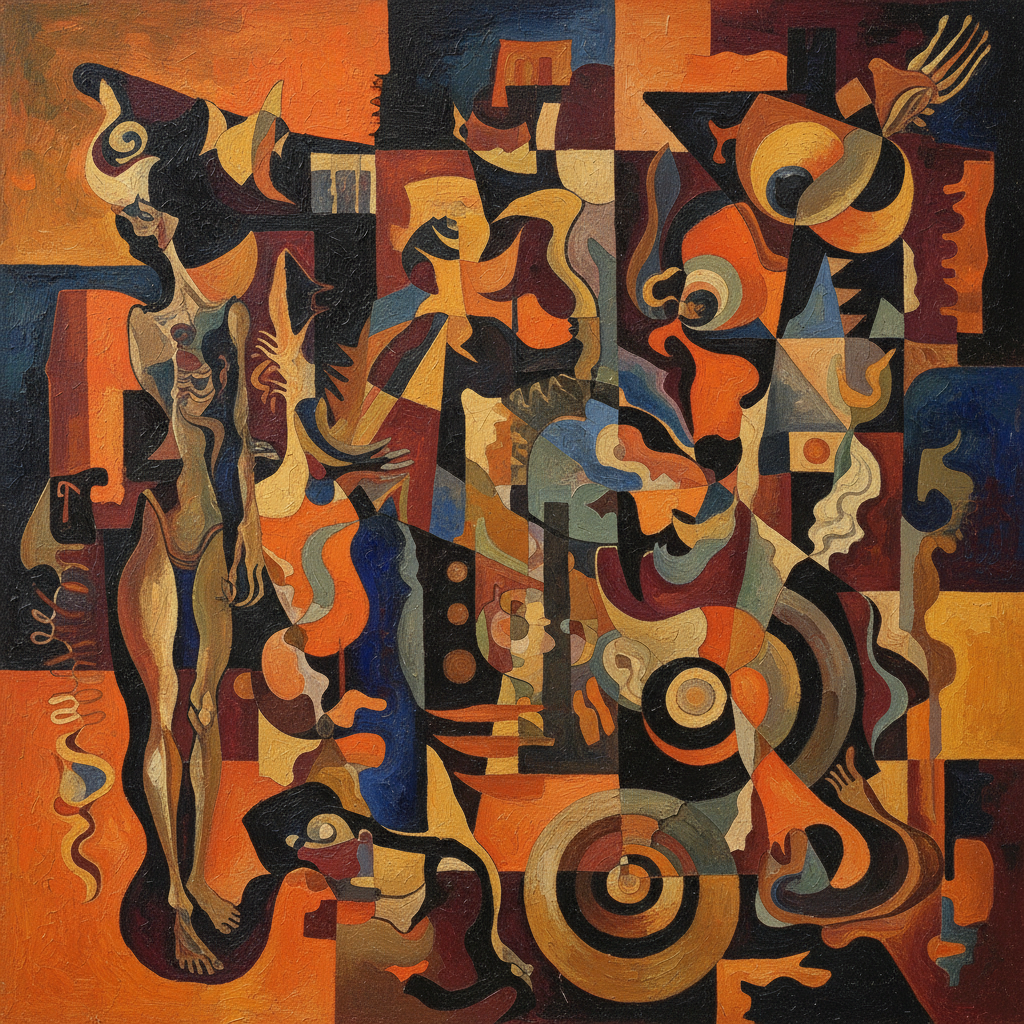 Abstract cubist painting with orange, brown, and blue shapes forming fragmented figures and patterns.
