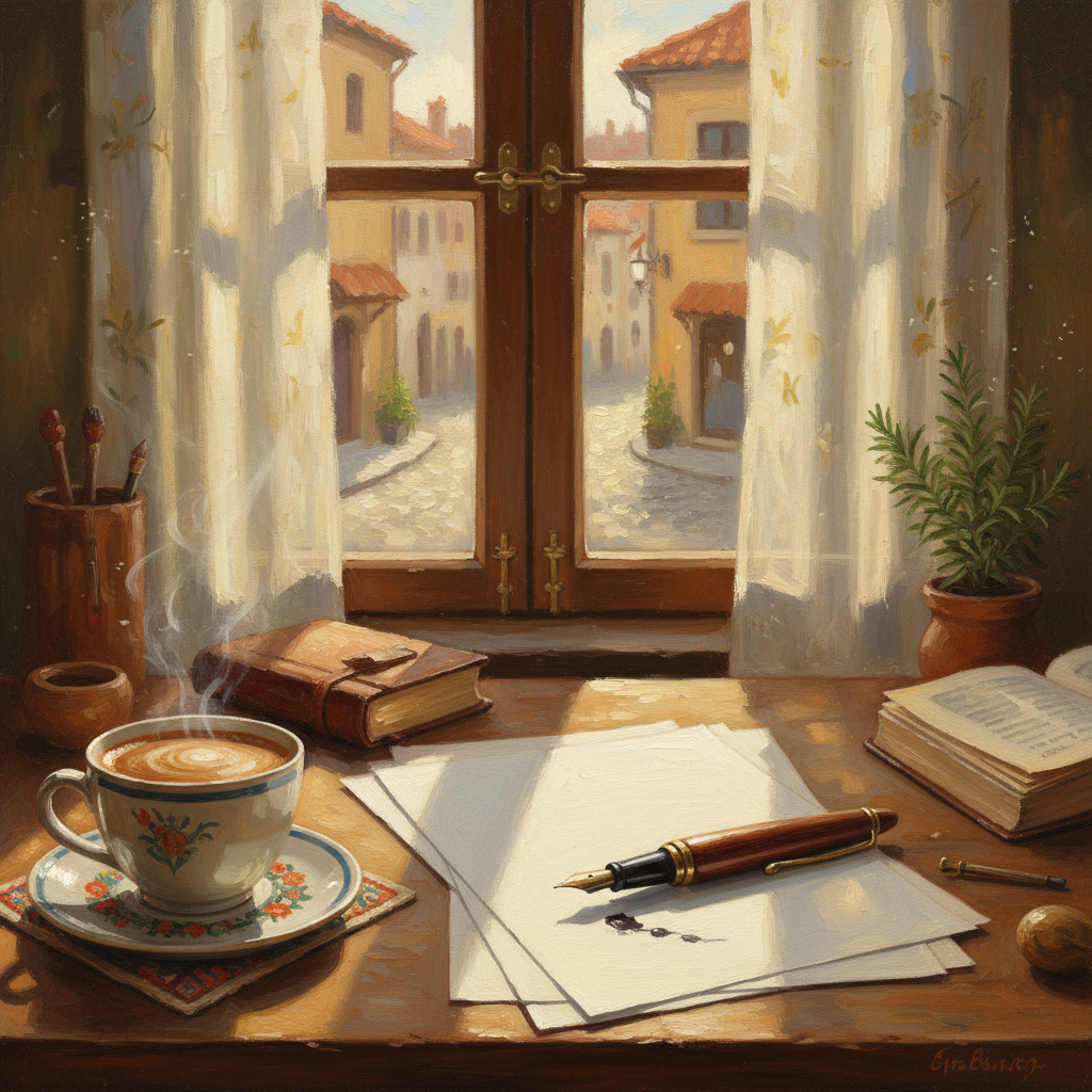 Cozy desk scene with coffee cup, fountain pen on blank papers, open book, and potted plant, facing a sunny window onto a cobblestone street.