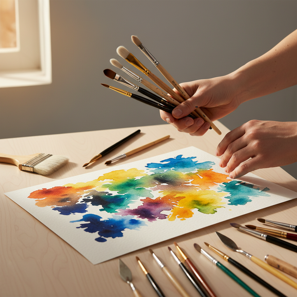 Hands hold several paintbrushes over a white watercolor painting with bold blue, green, orange splashes on a light wooden table.