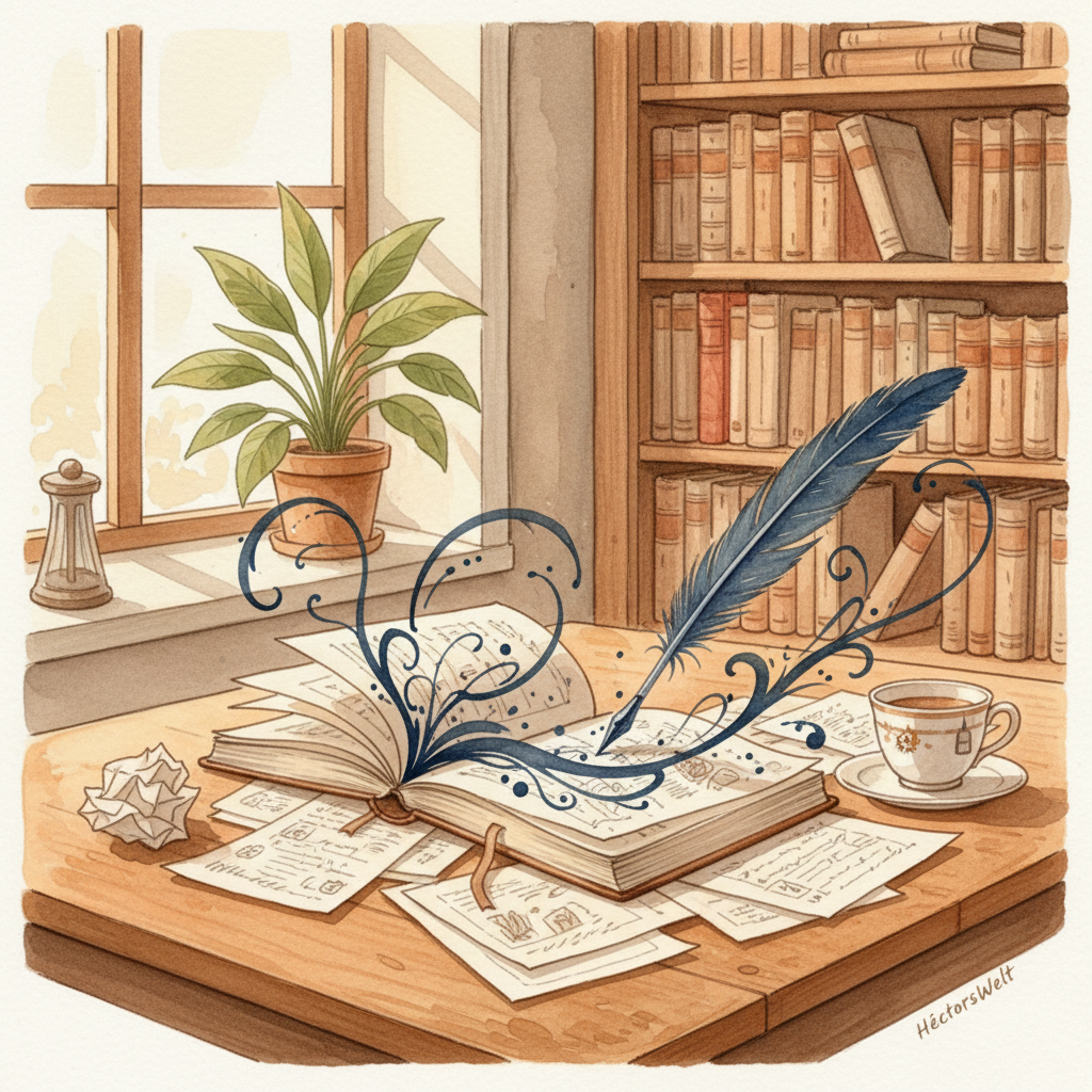 Schreibtisch mit Notizbuch und Füllfeder – Schreiben lernen