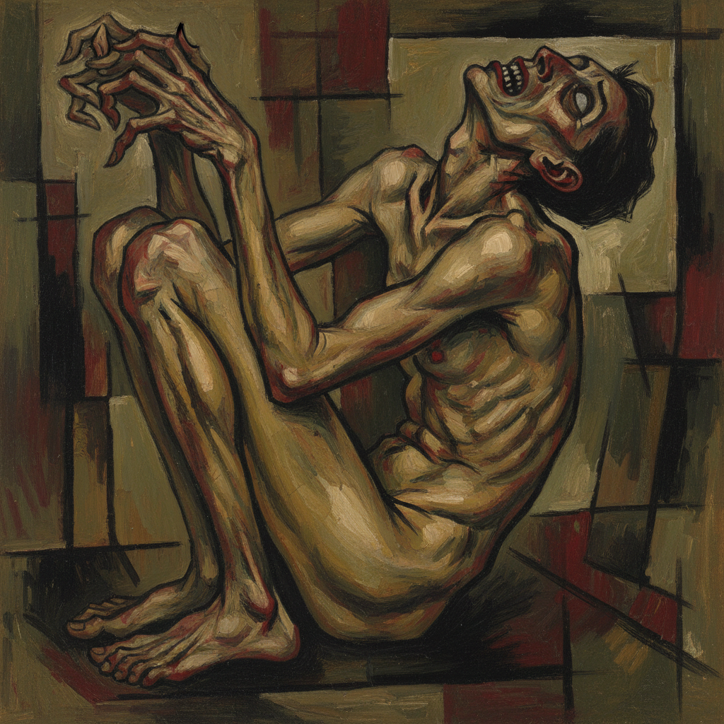 Distorted, emaciated nude figure seated with knees drawn up, head tilted back in an anguished pose, in a cubist, earthy-toned composition