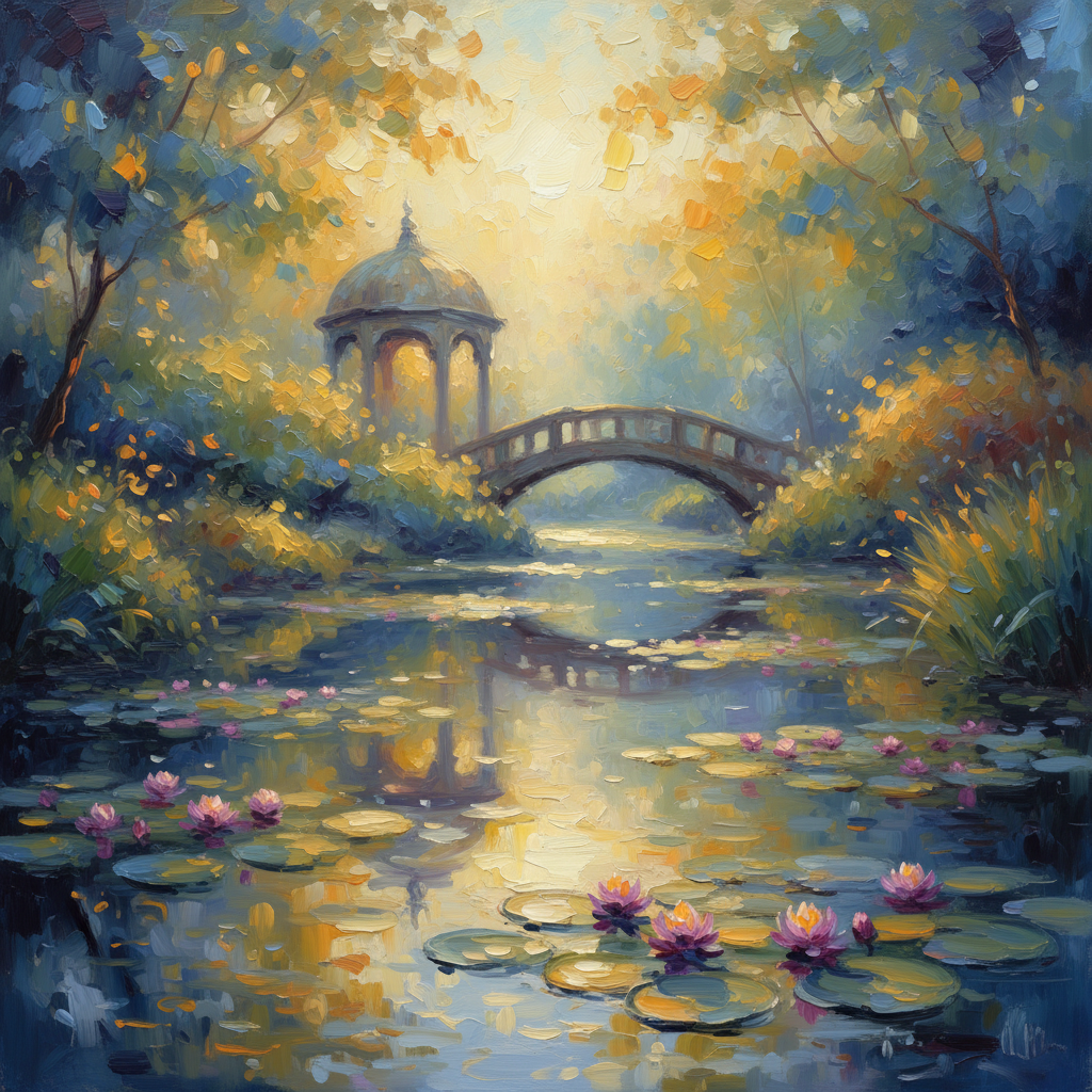 Impressionist scene of a tranquil pond with water lilies, a curved bridge, and a domed gazebo bathed in warm sunlight.