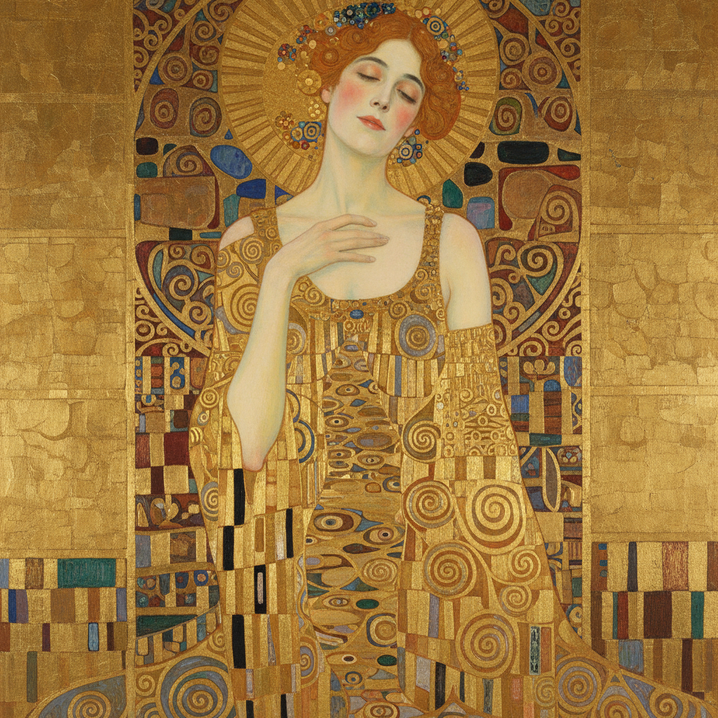 Gustav Klimt–inspired portrait of a woman with closed eyes in a gold, patterned dress and a halo-like circle behind her head.