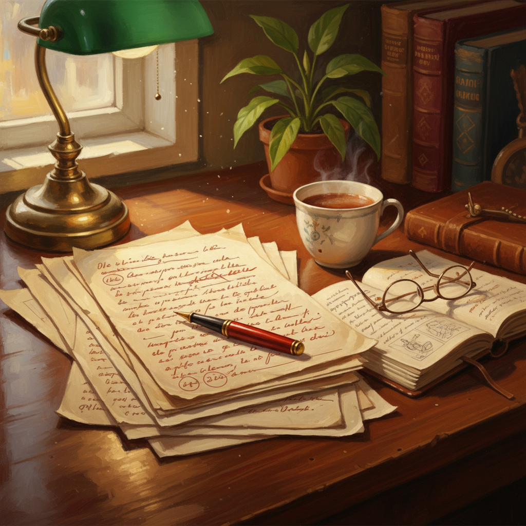 Cozy desk scene with handwritten letters, an open notebook, glasses, a steaming cup of coffee, a green-shaded lamp, a potted plant, and vintage books on a wooden desk.