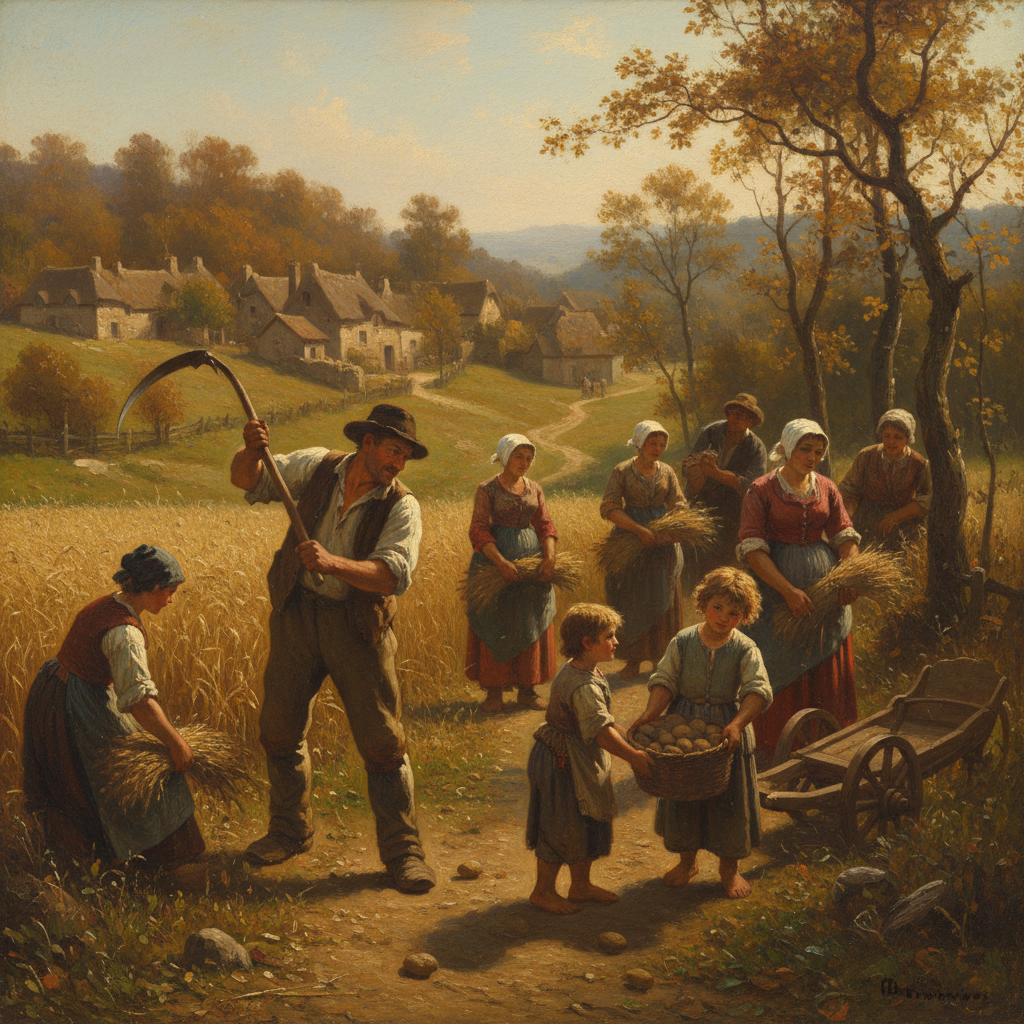 Farmland harvest scene: a man with a scythe, women gathering grain, and children with a basket of grain in a village setting.