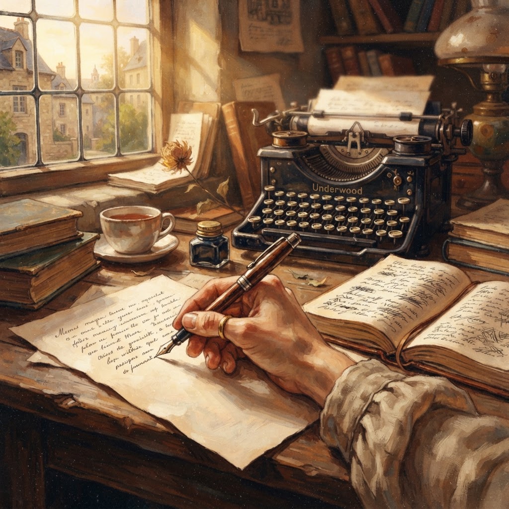 Vintage writing desk with an Underwood typewriter, open notebook, ink bottle, and a hand writing by a sunlit window.
