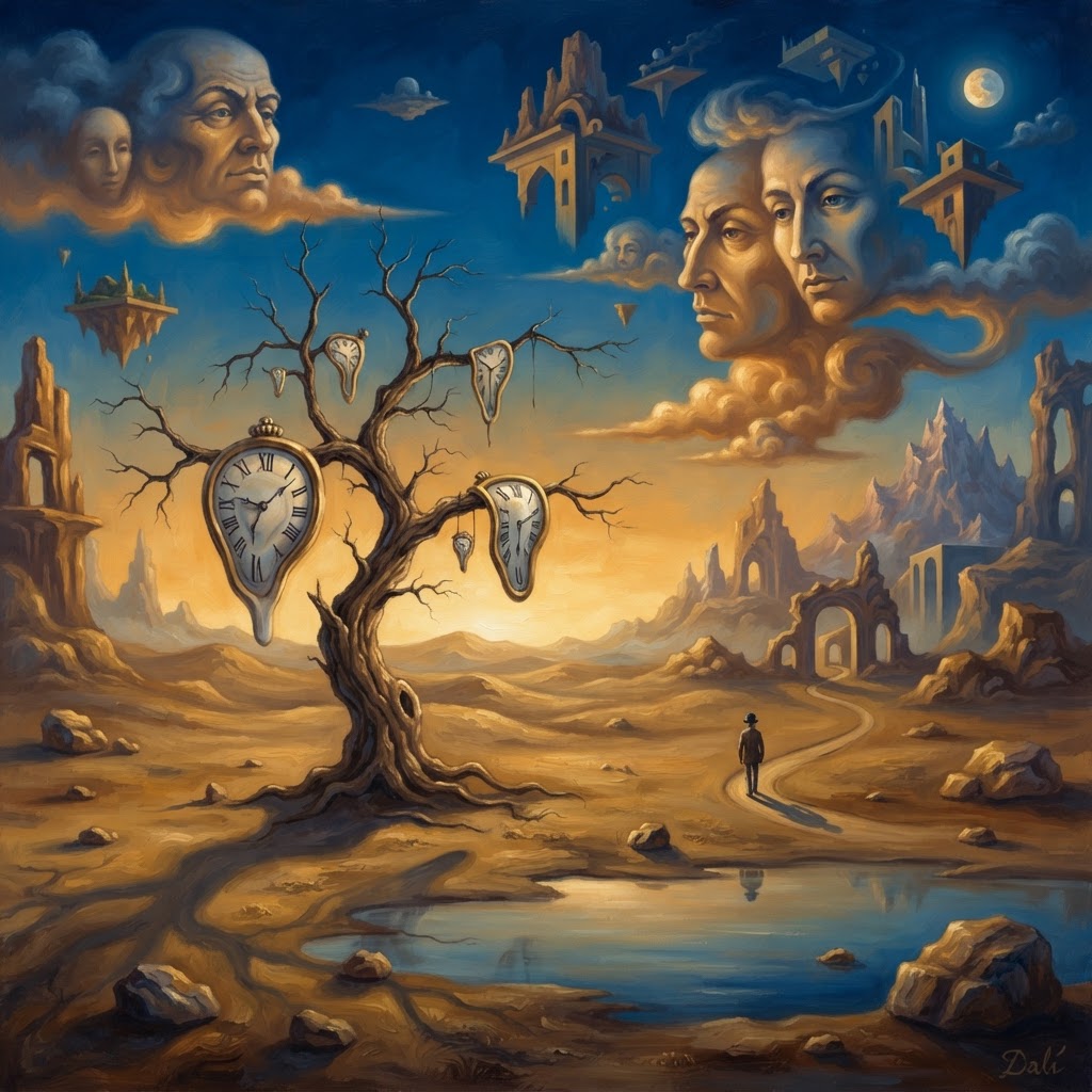 Surrealismus – Die Kunst der Träume und des Unbewussten, Dalí-inspirierte Traumlandschaft mit schmelzenden Uhren, surrealistische Kunstbewegung
